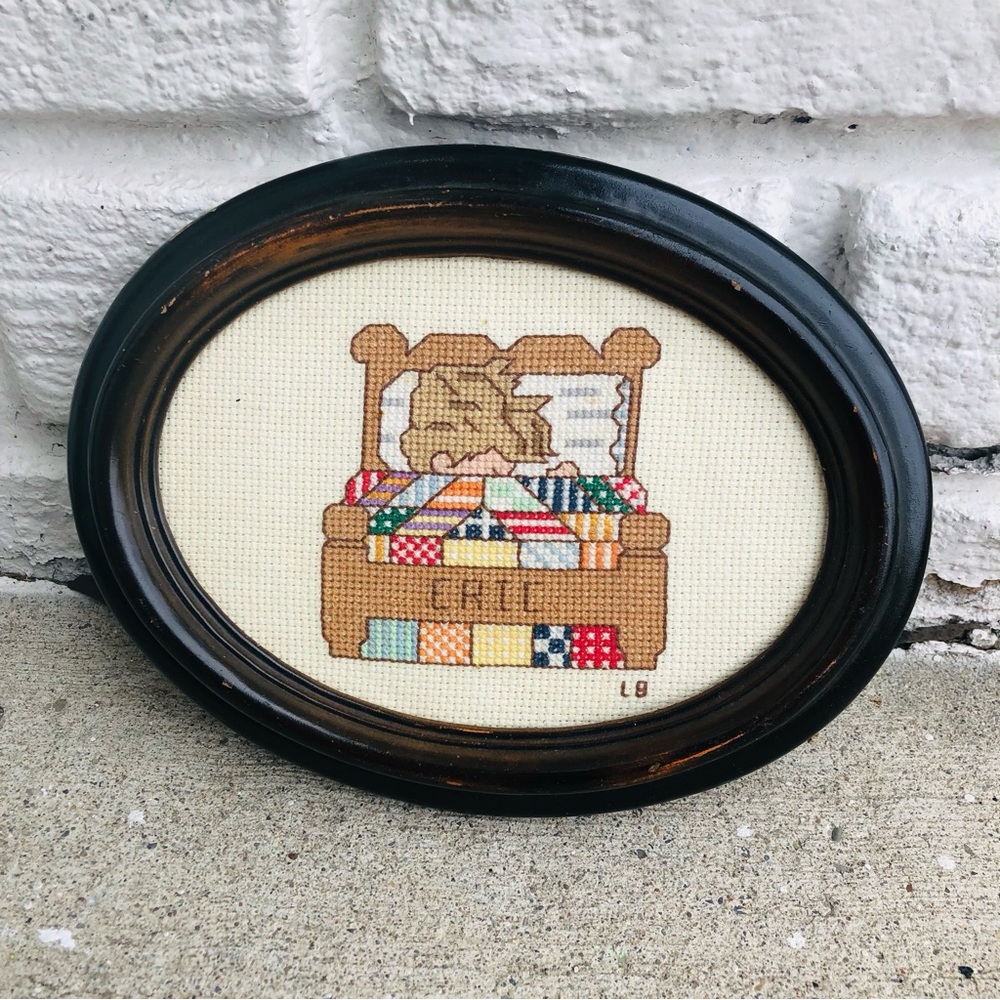 Vintage Framed Cross-Stitch Art Needlepoint Picture W/Boy Sleeping ‘Eric’ Wall